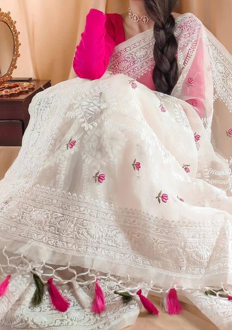 Off White Embroidered Silk Saree Set - Indya