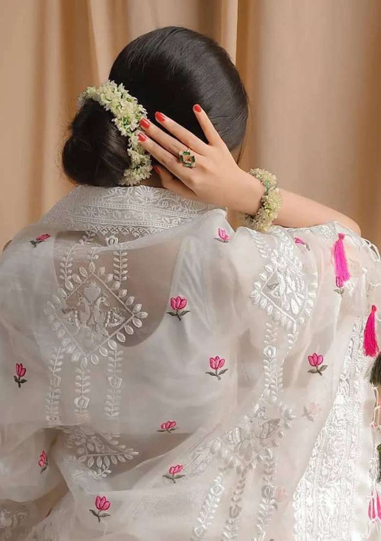 Off White Embroidered Silk Saree Set - Indya