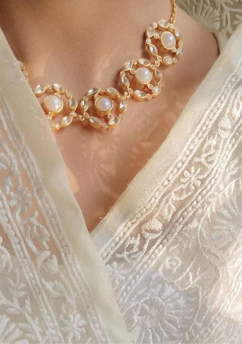 Off White Embroidered Silk Saree Set - Indya