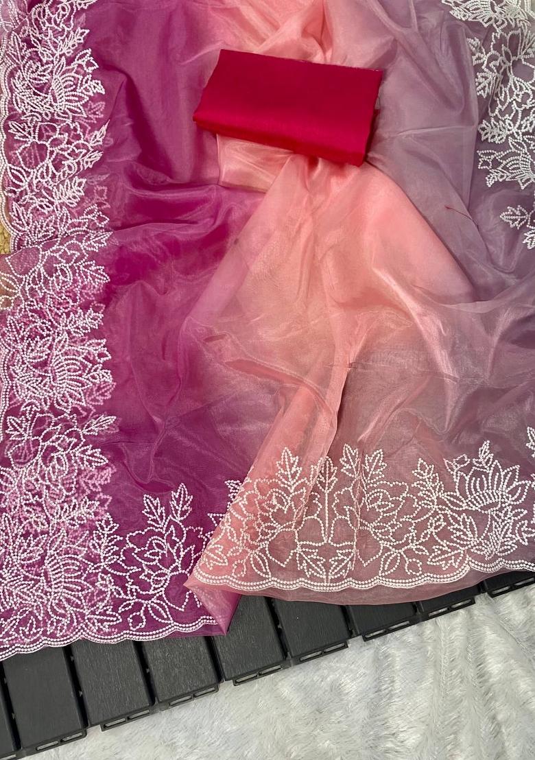 Multicolor Embroidered Viscose Saree Set