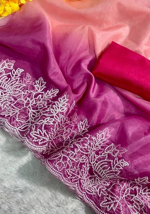 Multicolor Embroidered Viscose Saree Set