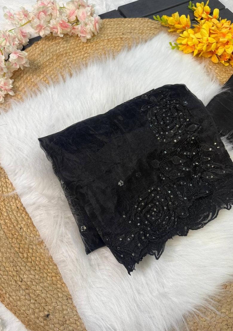 Black Embroidered Organza Saree Set
