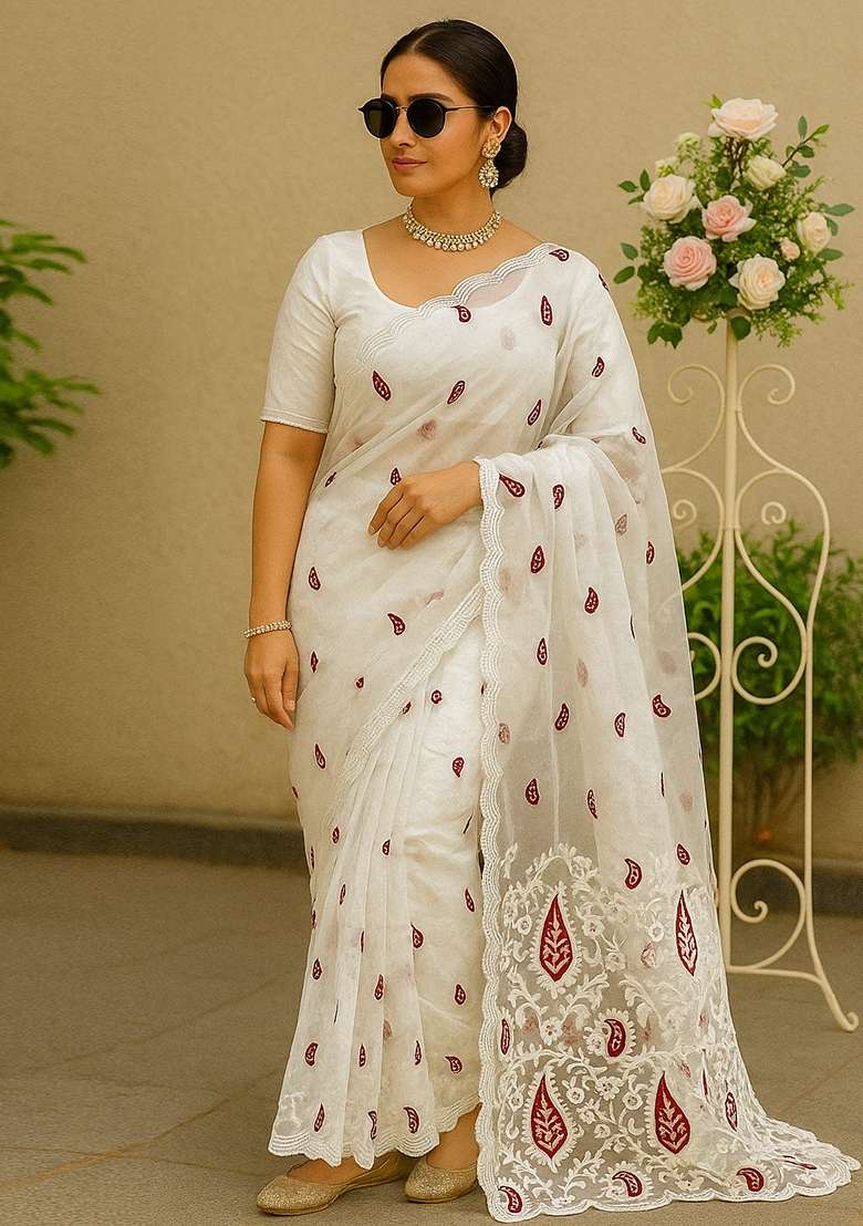 White Embroidered Organza Saree Set - Indya