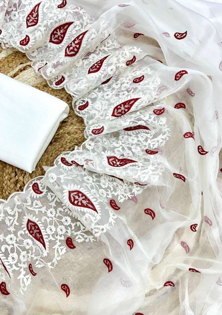 White Embroidered Organza Saree Set - Indya