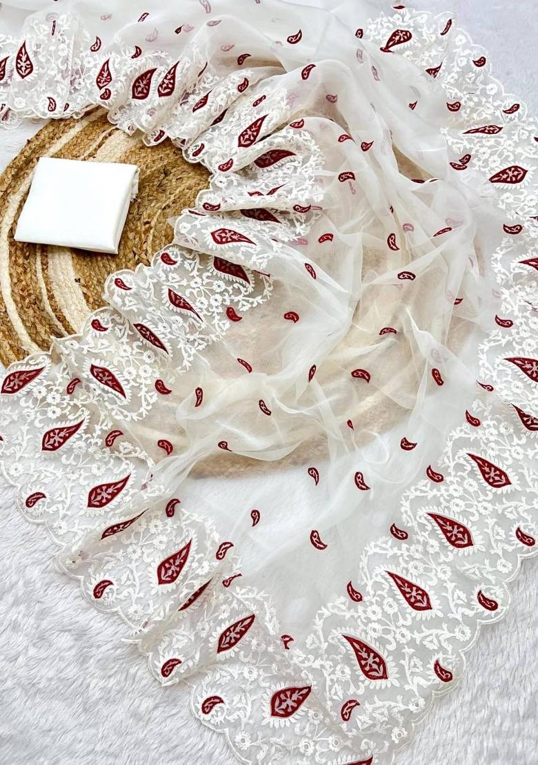 White Embroidered Organza Saree Set - Indya