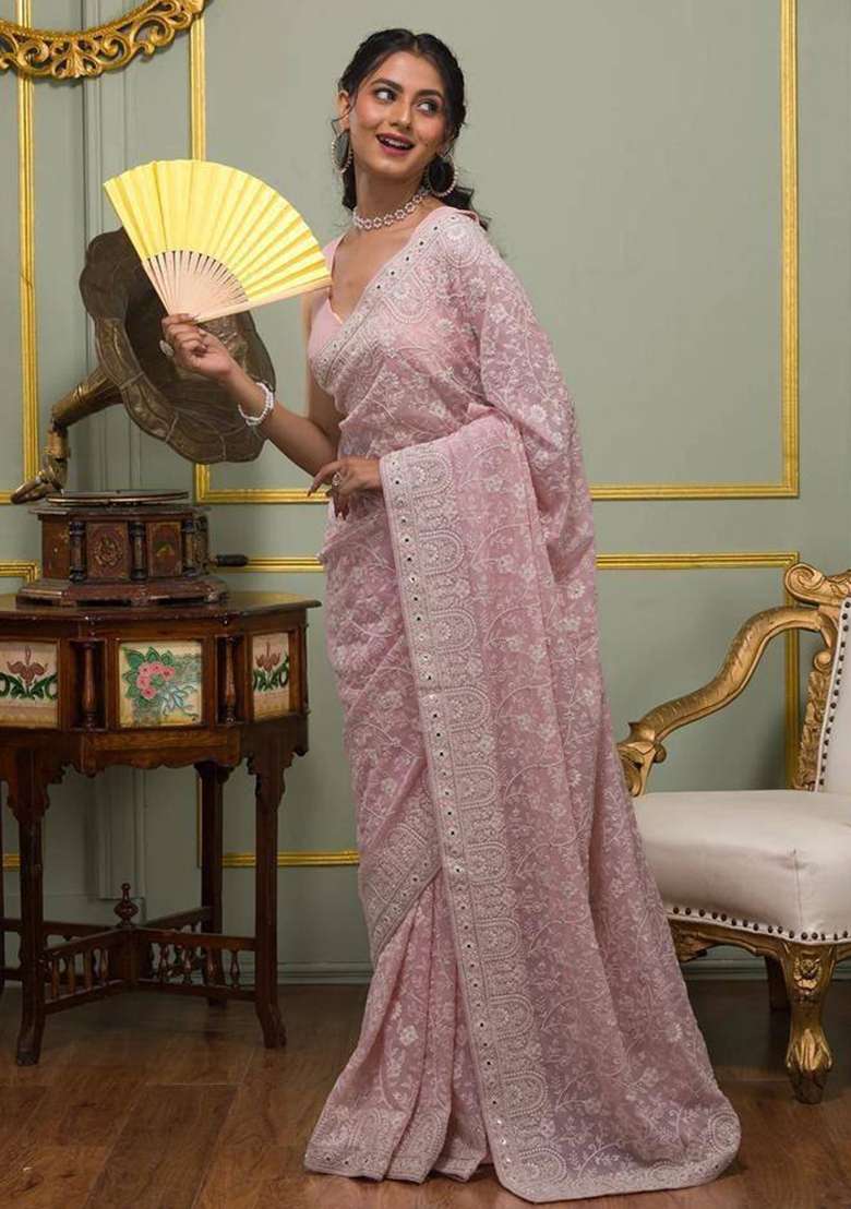 Pastel Pink Embroidered Georgette Saree Set - Indya