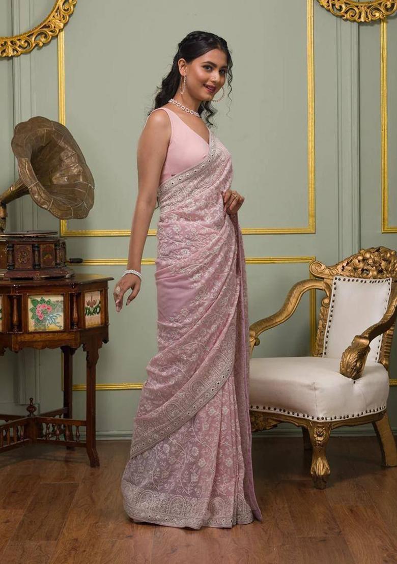 Pastel Pink Embroidered Georgette Saree Set - Indya
