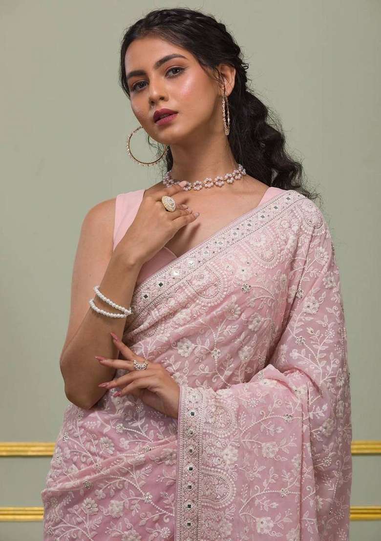 Pastel Pink Embroidered Georgette Saree Set - Indya