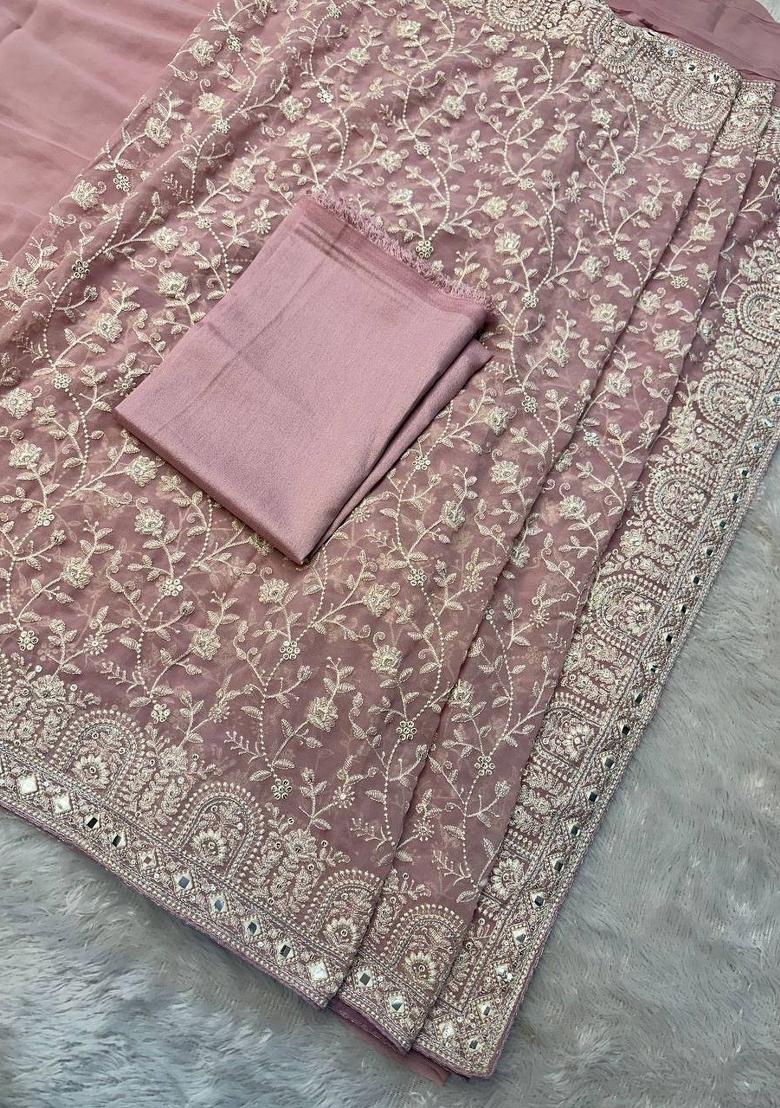 Pastel Pink Embroidered Georgette Saree Set - Indya