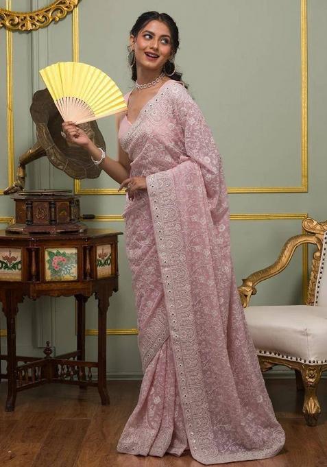 Pastel Pink Embroidered Georgette Saree Set