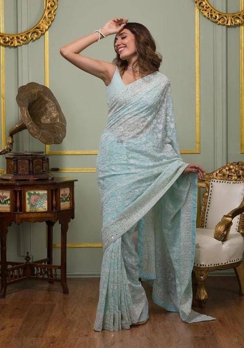 Sky Blue Embroidered Georgette Saree Set