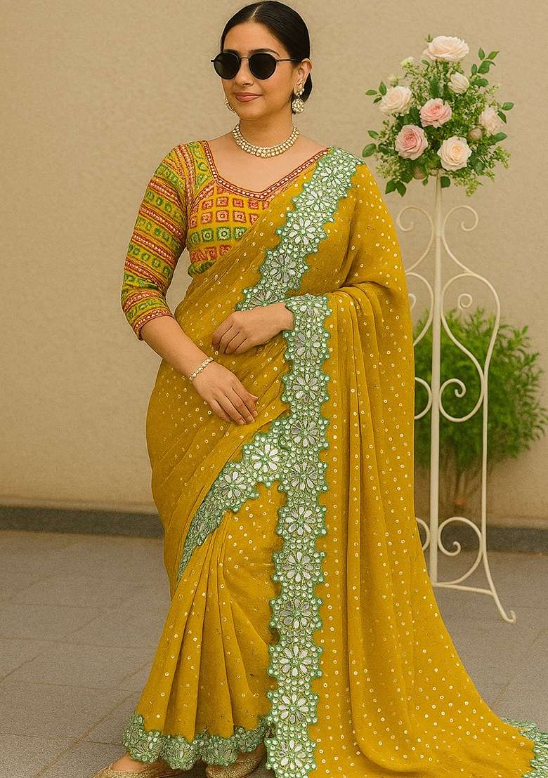 Yellow Embroidered Georgette Saree Set - Indya
