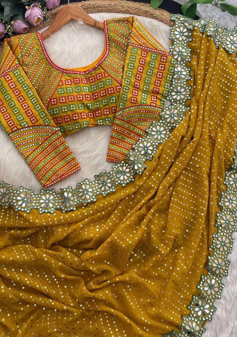 Yellow Embroidered Georgette Saree Set - Indya