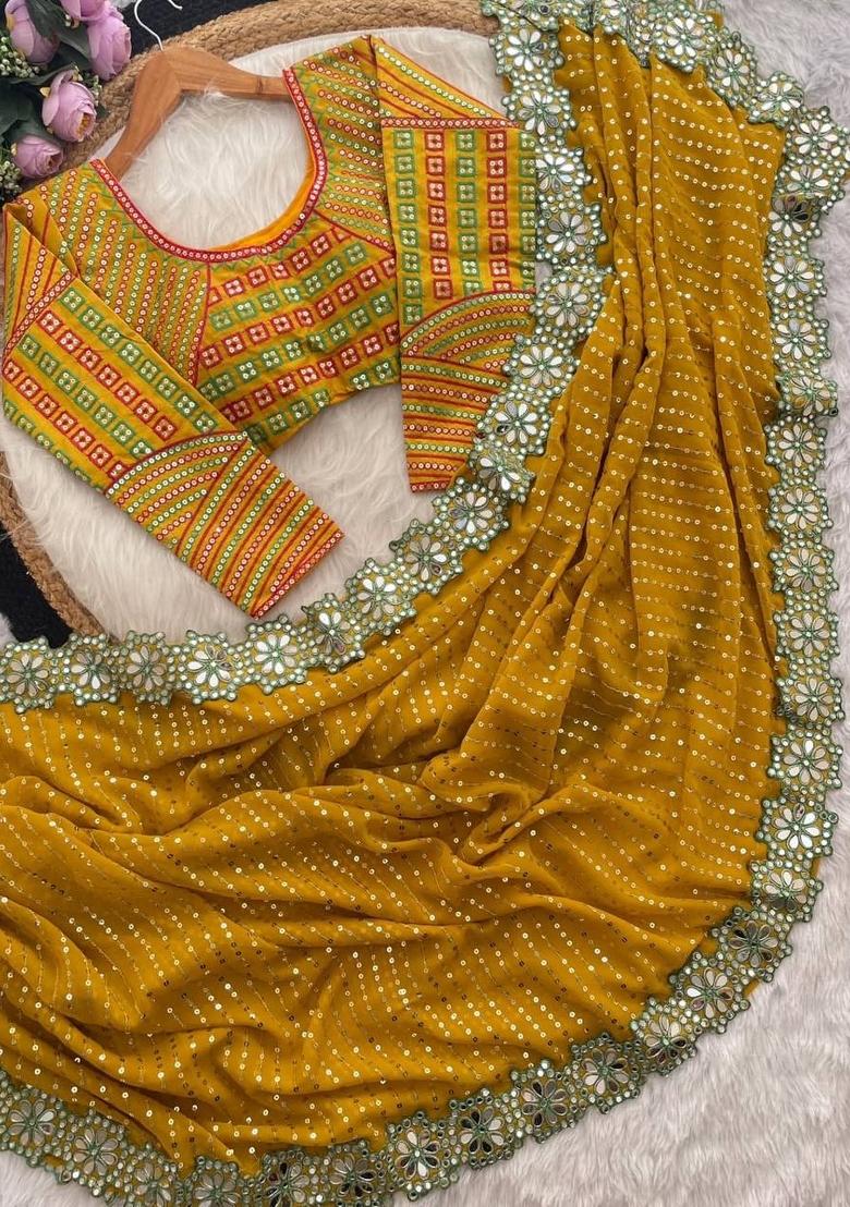 Yellow Embroidered Georgette Saree Set - Indya