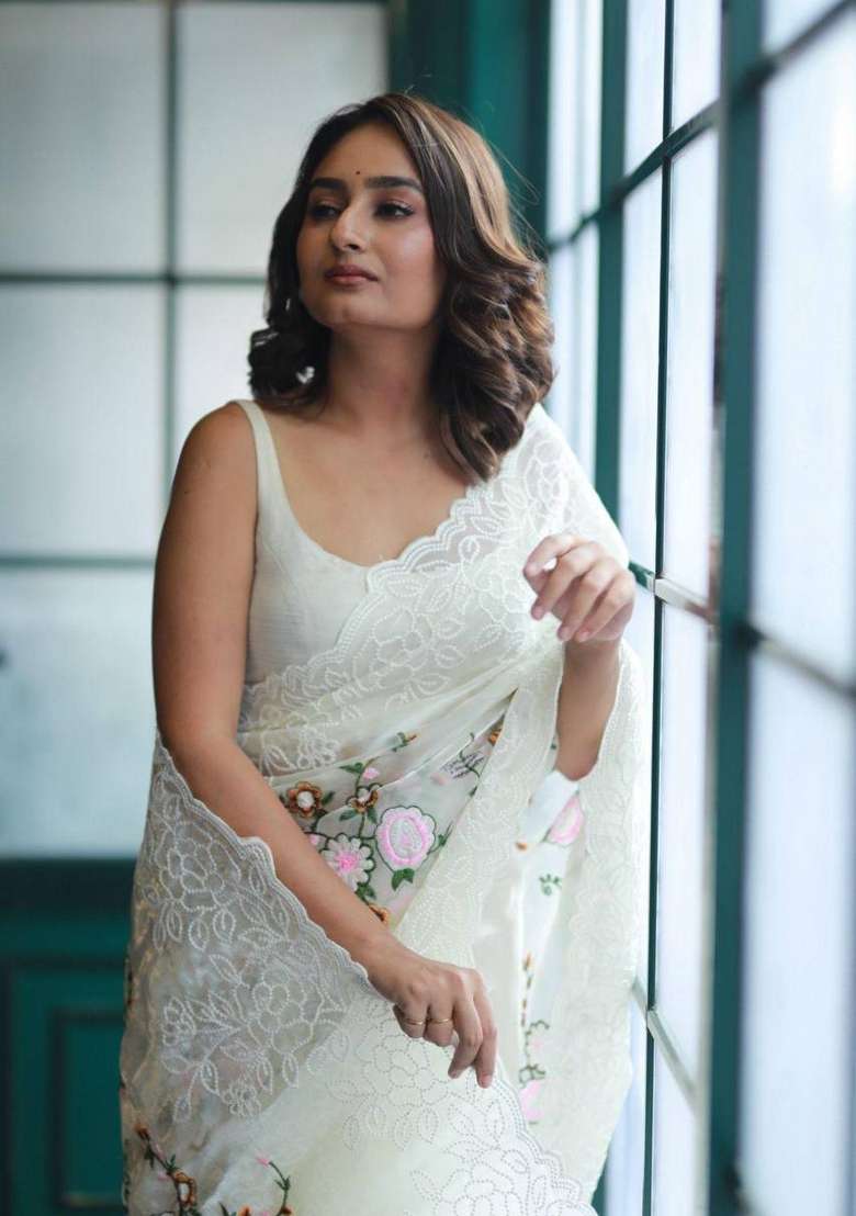 White Embroidered Silk Saree Set - Indya