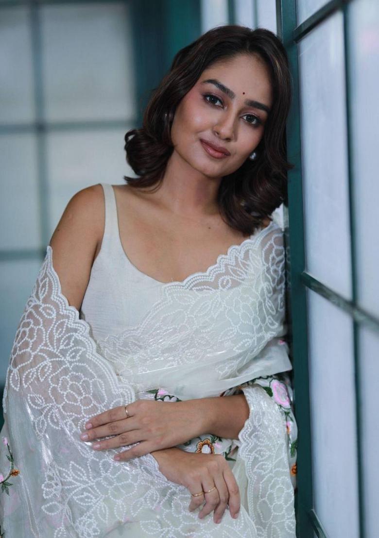 White Embroidered Silk Saree Set - Indya