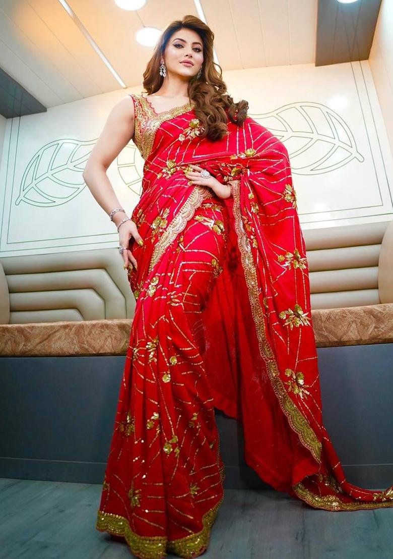 Red Embroidered Georgette Saree Set - Indya