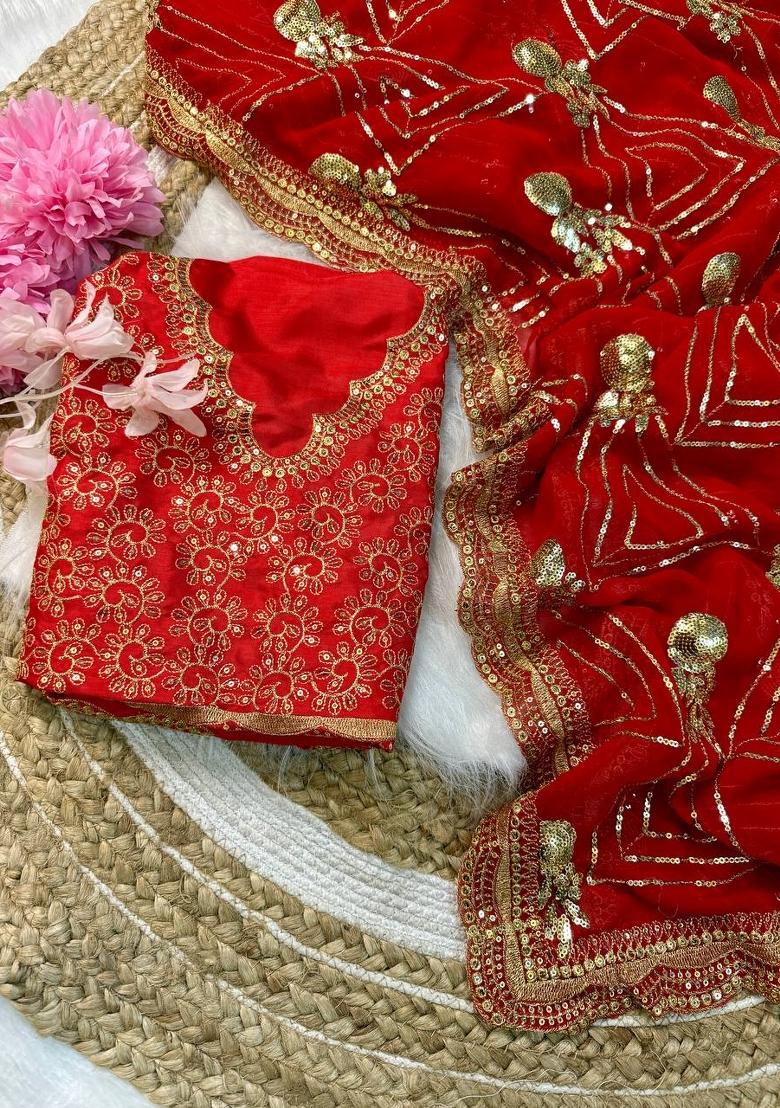 Red Embroidered Georgette Saree Set - Indya