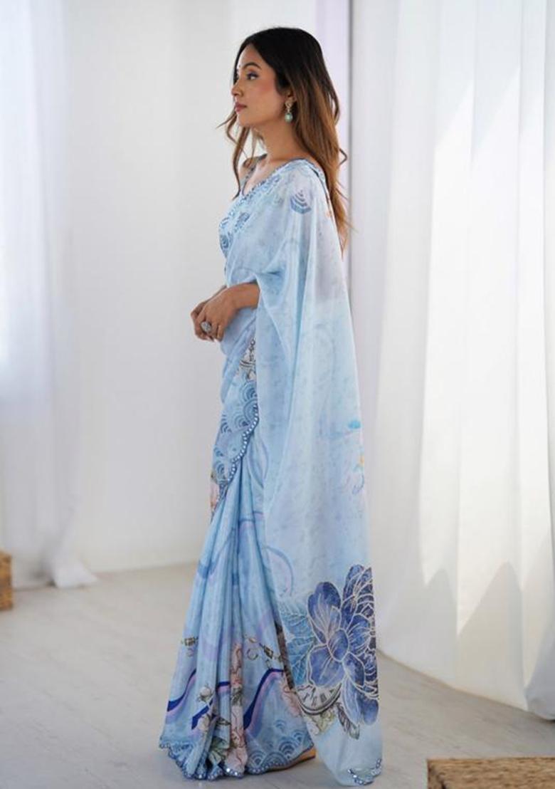 Light Blue Embroidered Chinon Saree Set - Indya