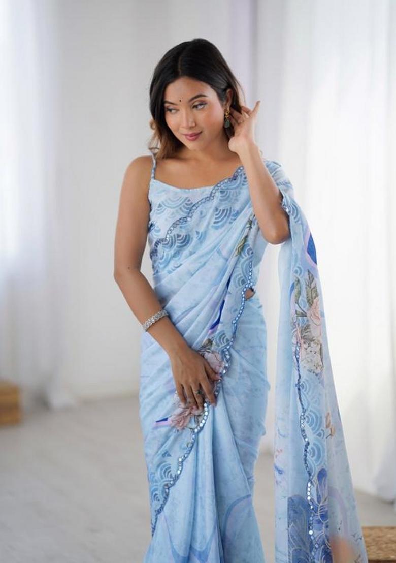 Light Blue Embroidered Chinon Saree Set - Indya