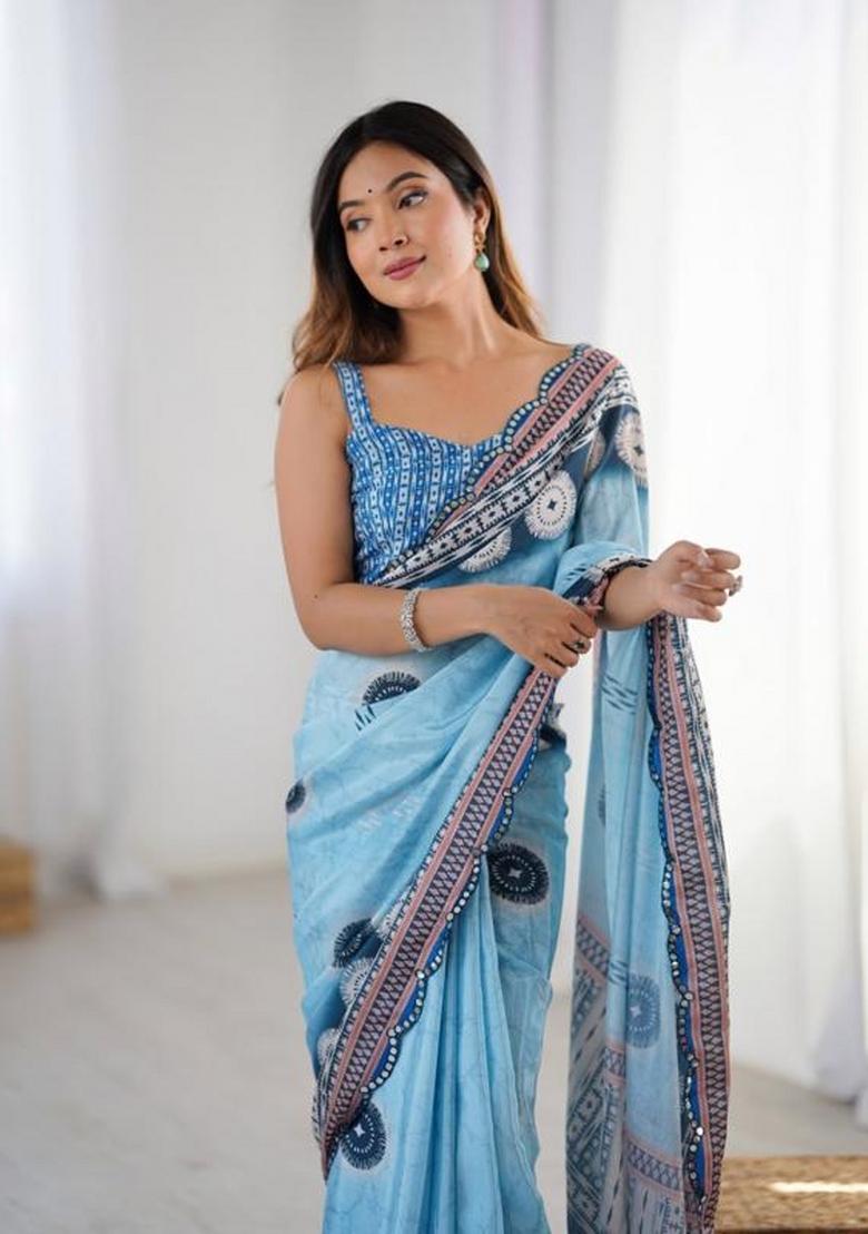 Sky Blue Embroidered Chinon Saree Set - Indya