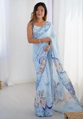 Sky Blue Embroidered Chinon Saree Set