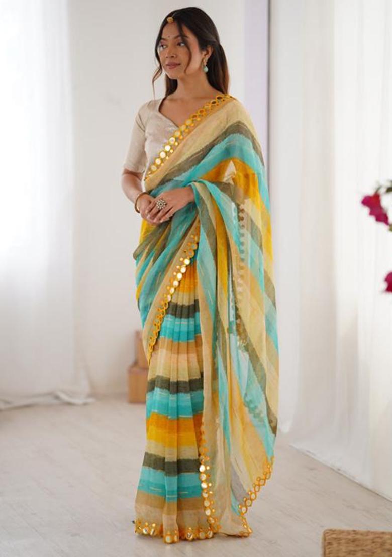 Yellow Embroidered Chiffon Saree Set - Indya