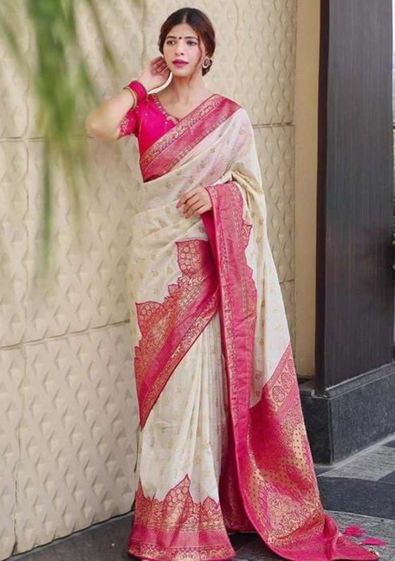 Cream Pink Embroidered Silk Saree Set - Indya