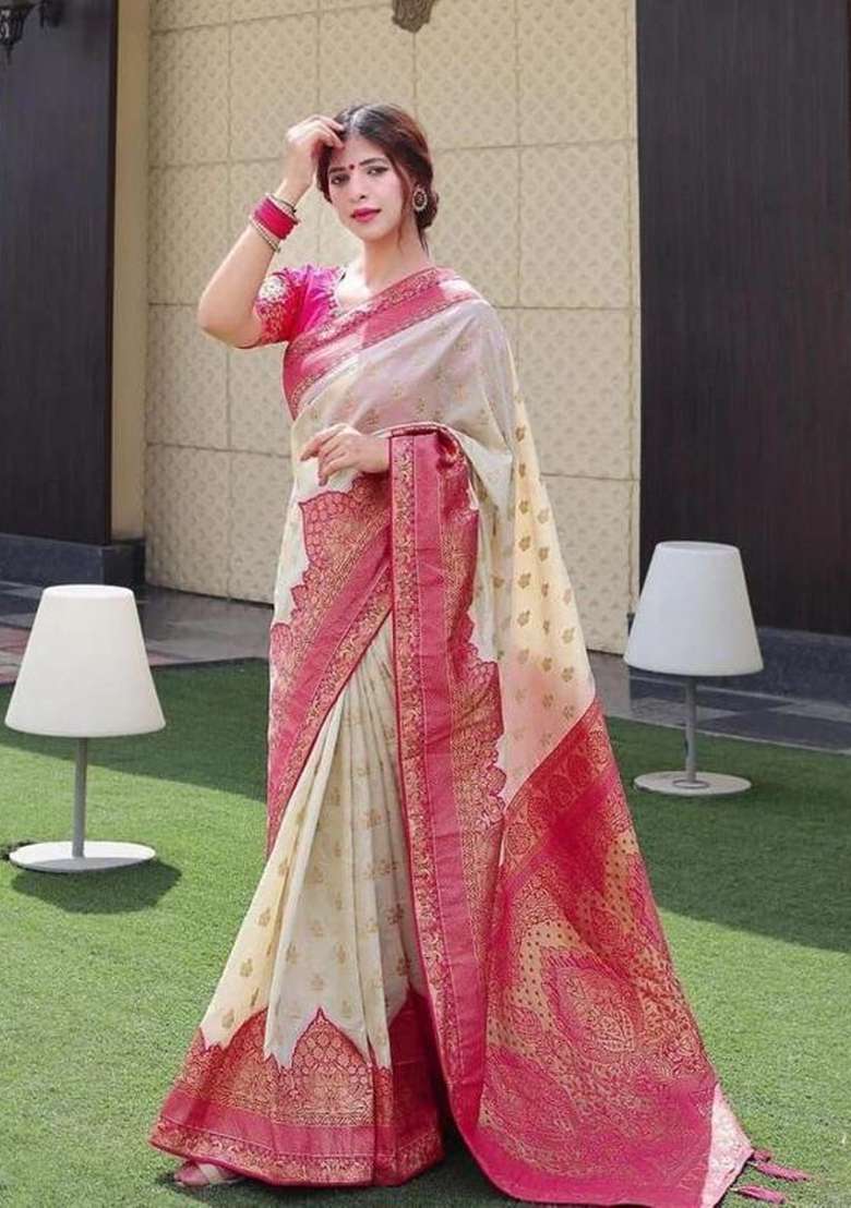 Cream Pink Embroidered Silk Saree Set - Indya