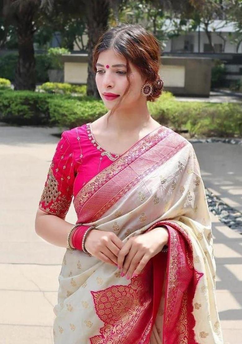 Cream Pink Embroidered Silk Saree Set - Indya