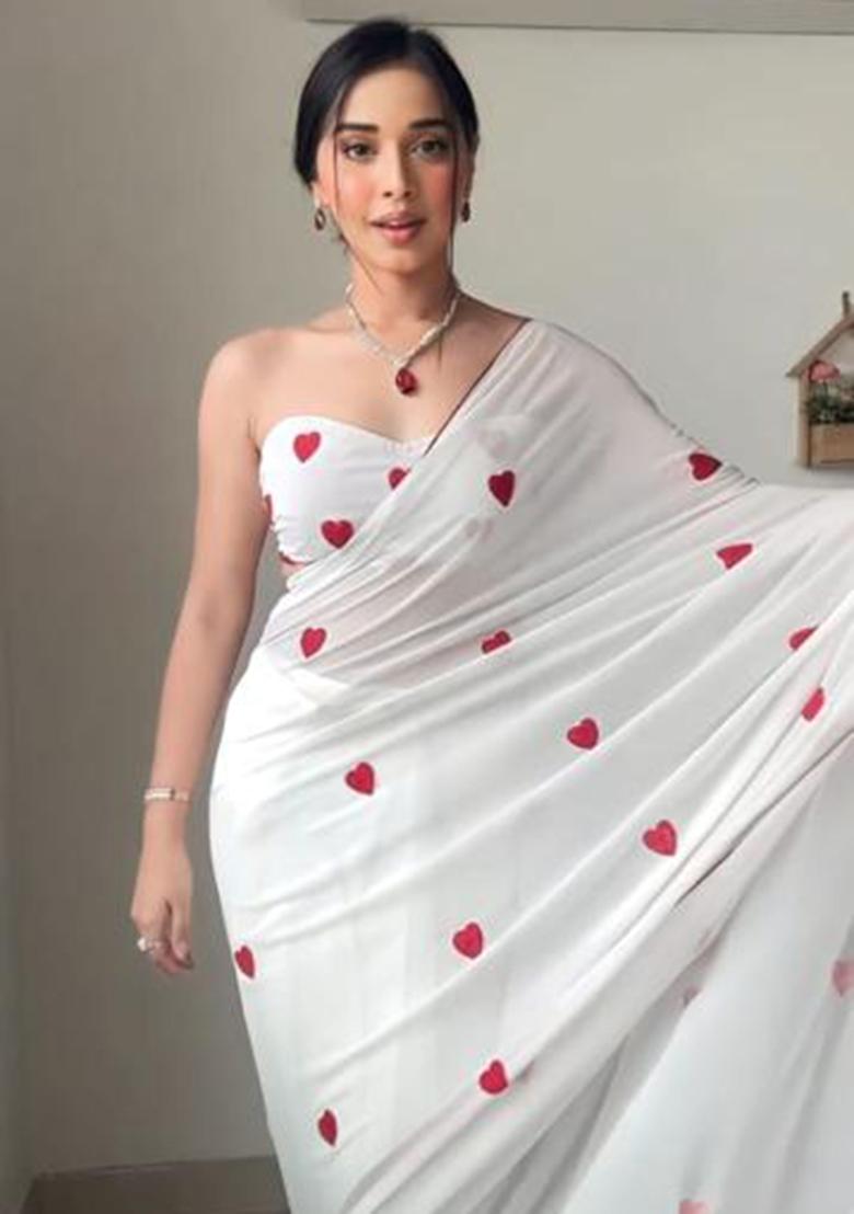 White Embroidered Georgette Saree Set - Indya