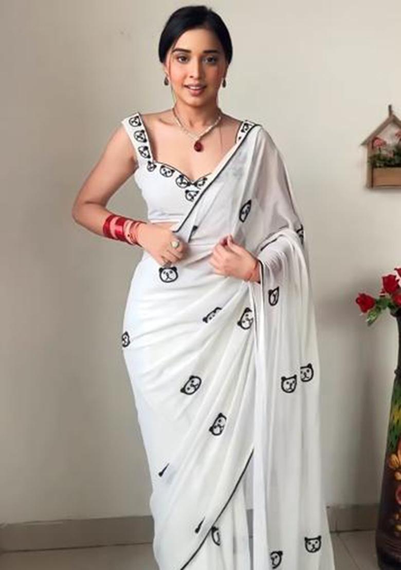 White Embroidered Georgette Saree Set - Indya