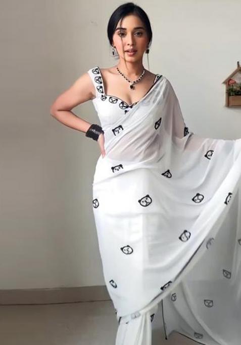 White Embroidered Georgette Saree Set