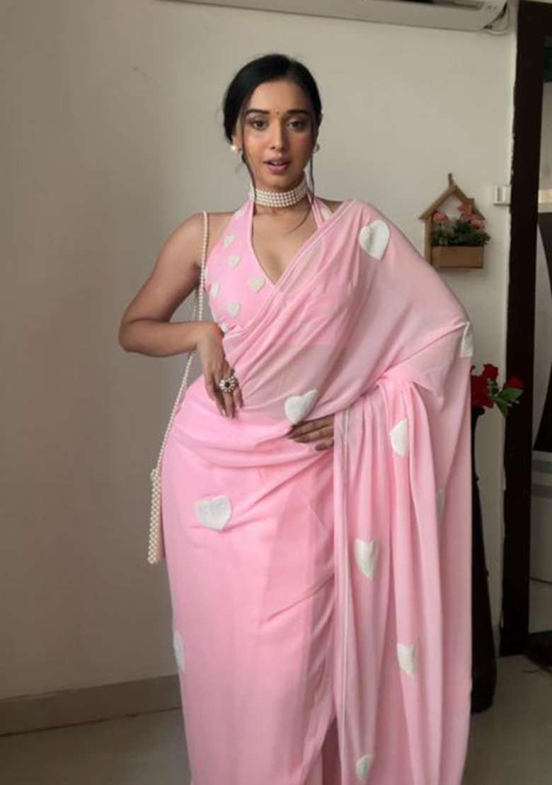 Pink Embroidered Georgette Saree Set - Indya