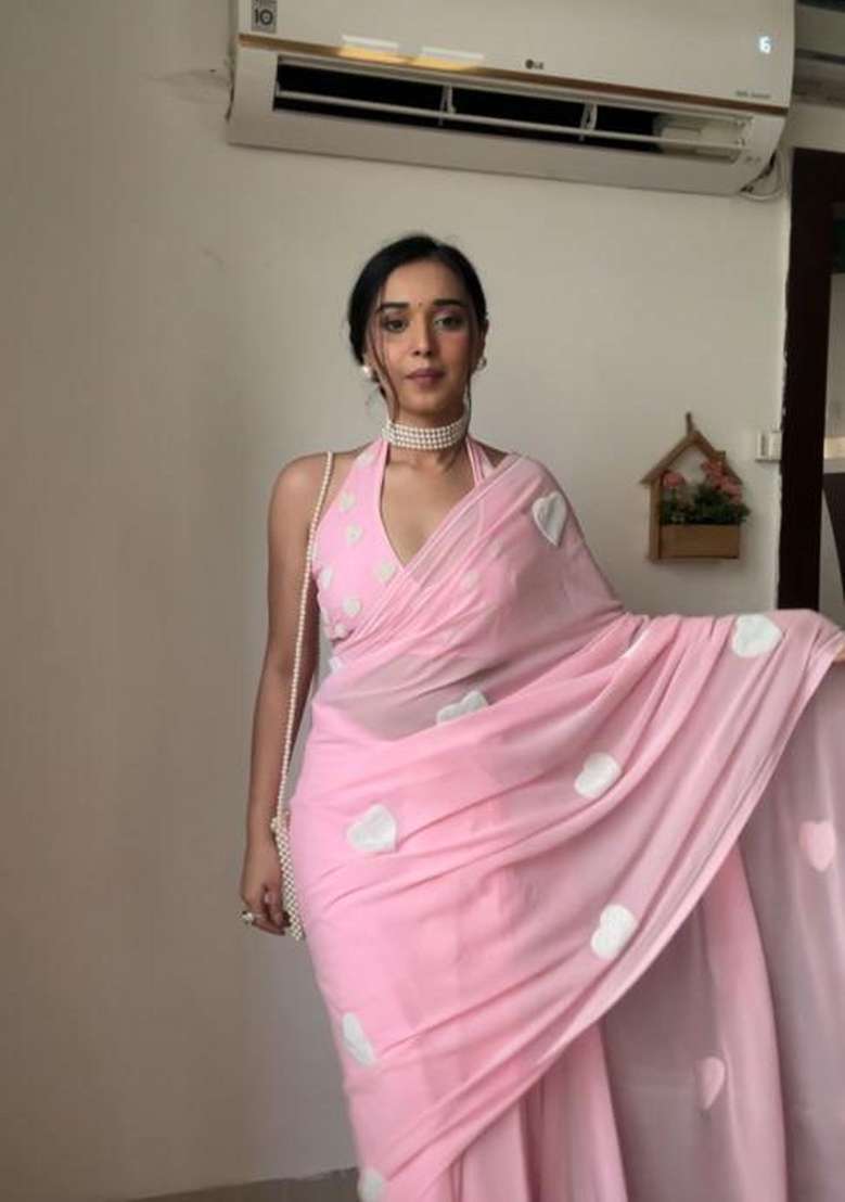 Pink Embroidered Georgette Saree Set - Indya