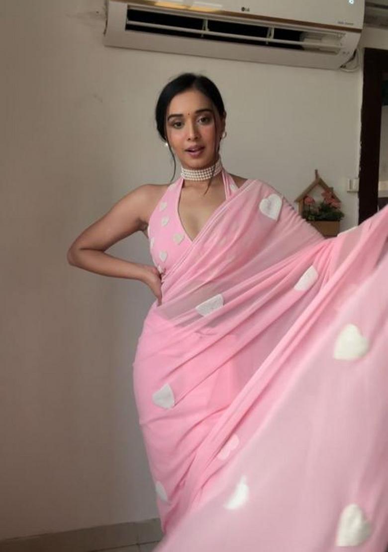 Pink Embroidered Georgette Saree Set - Indya