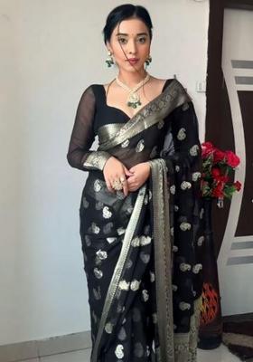 Black Embroidered Cotton Saree Set
