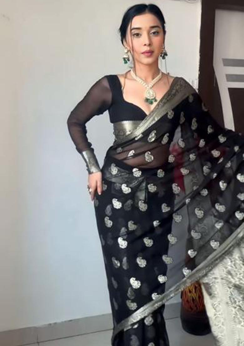 Black Embroidered Cotton Saree Set - Indya