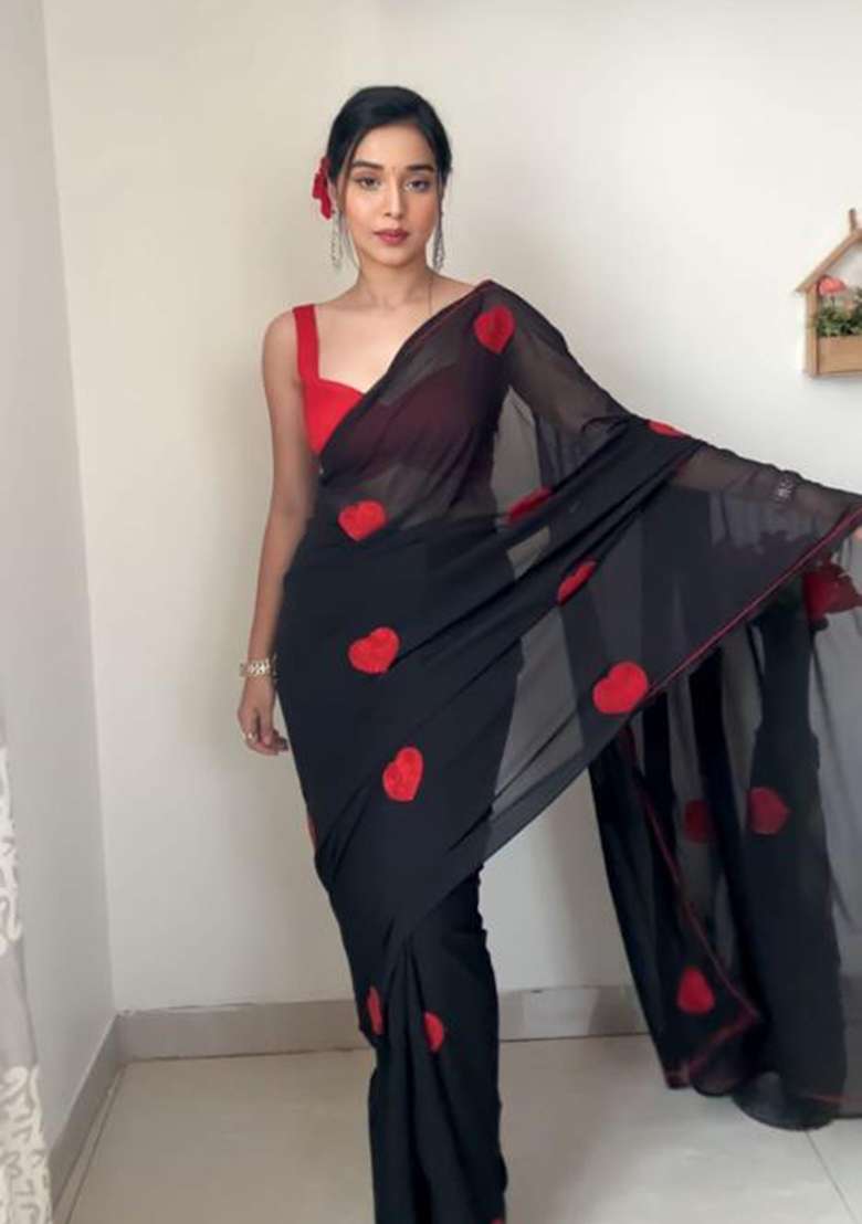 Black Embroidered Georgette Saree Set - Indya