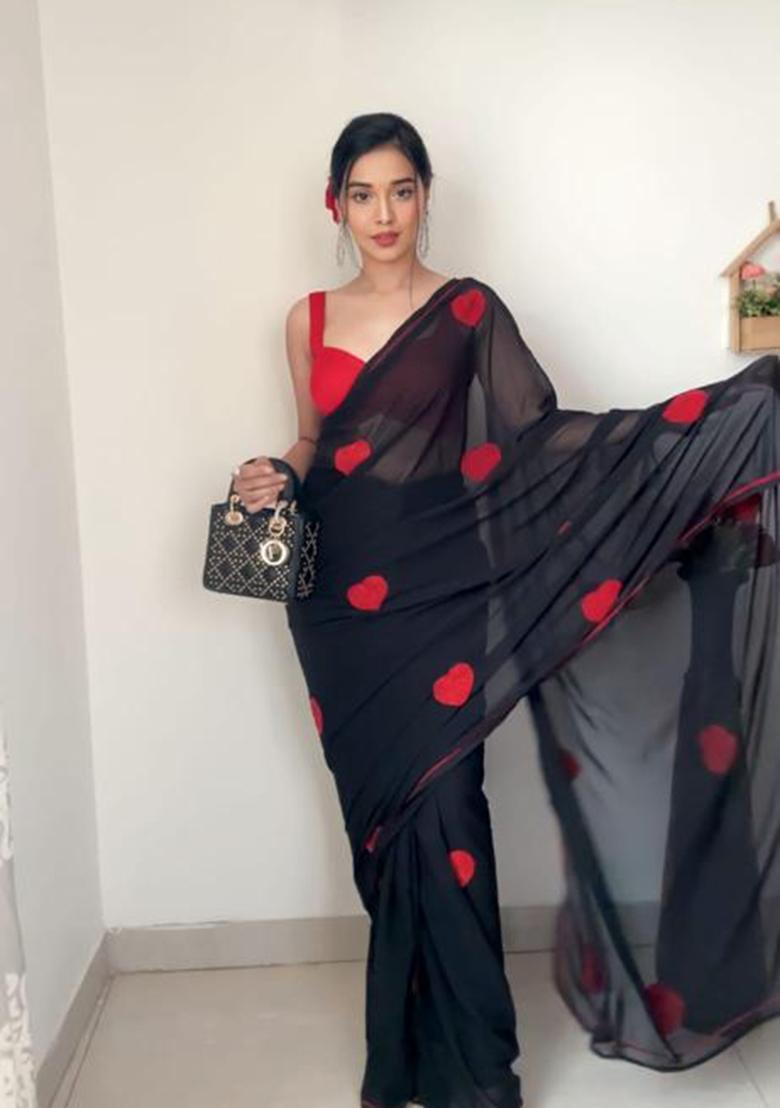 Black Embroidered Georgette Saree Set - Indya