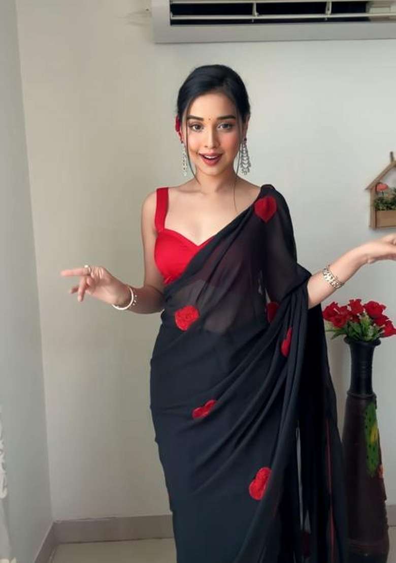 Black Embroidered Georgette Saree Set - Indya