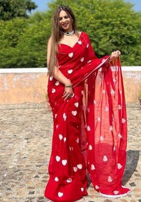 Red Embroidered Georgette Saree Set