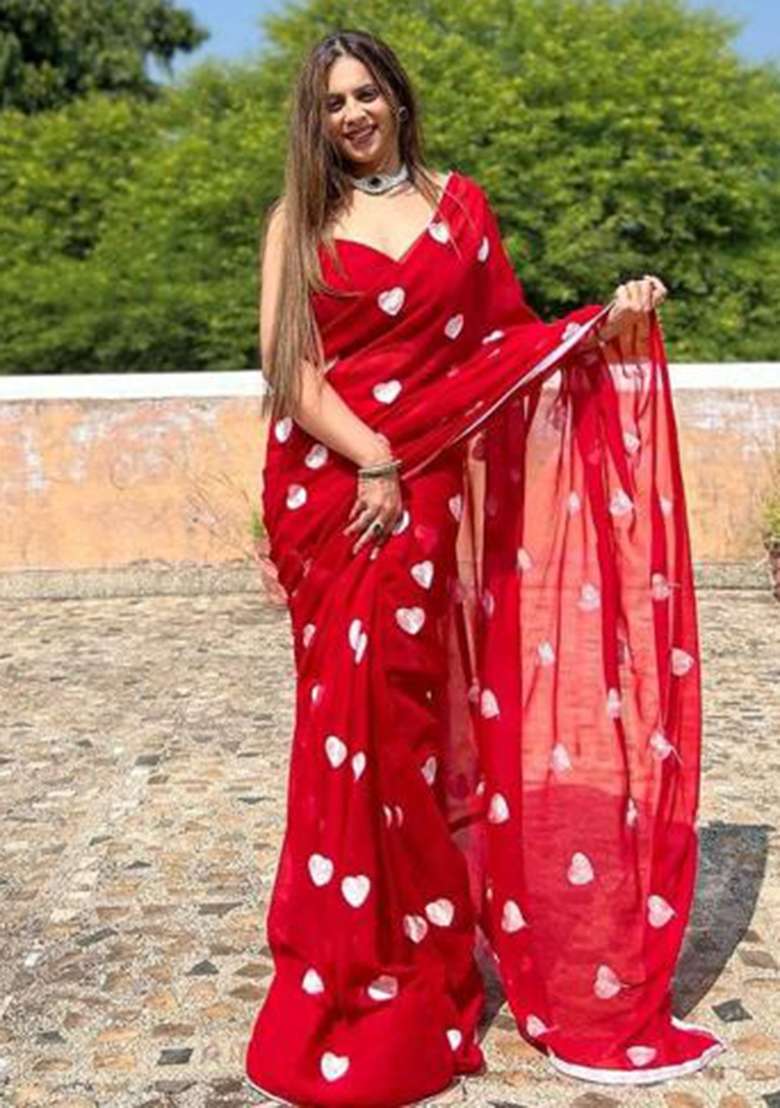 Red Embroidered Georgette Saree Set - Indya