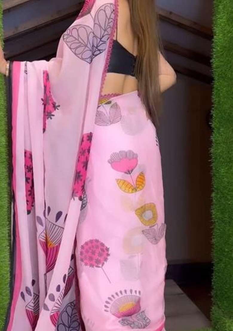 Pink Embroidered Georgette Saree Set - Indya