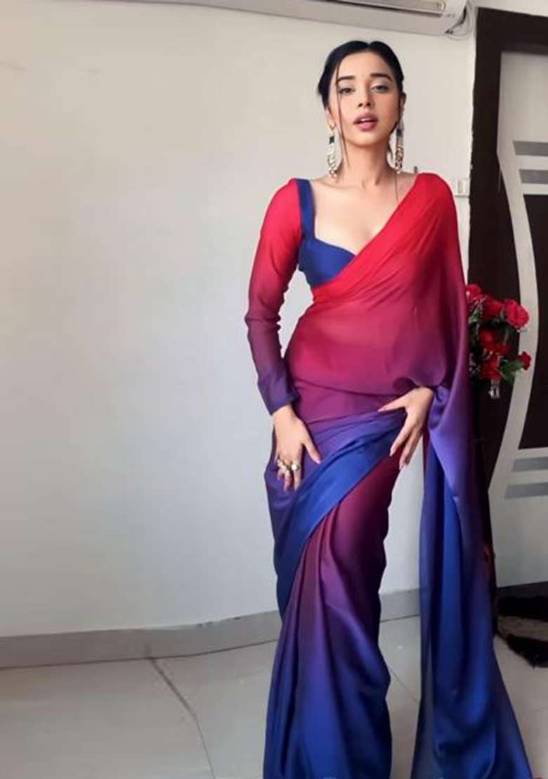 Red Pink Embroidered Georgette Saree Set - Indya