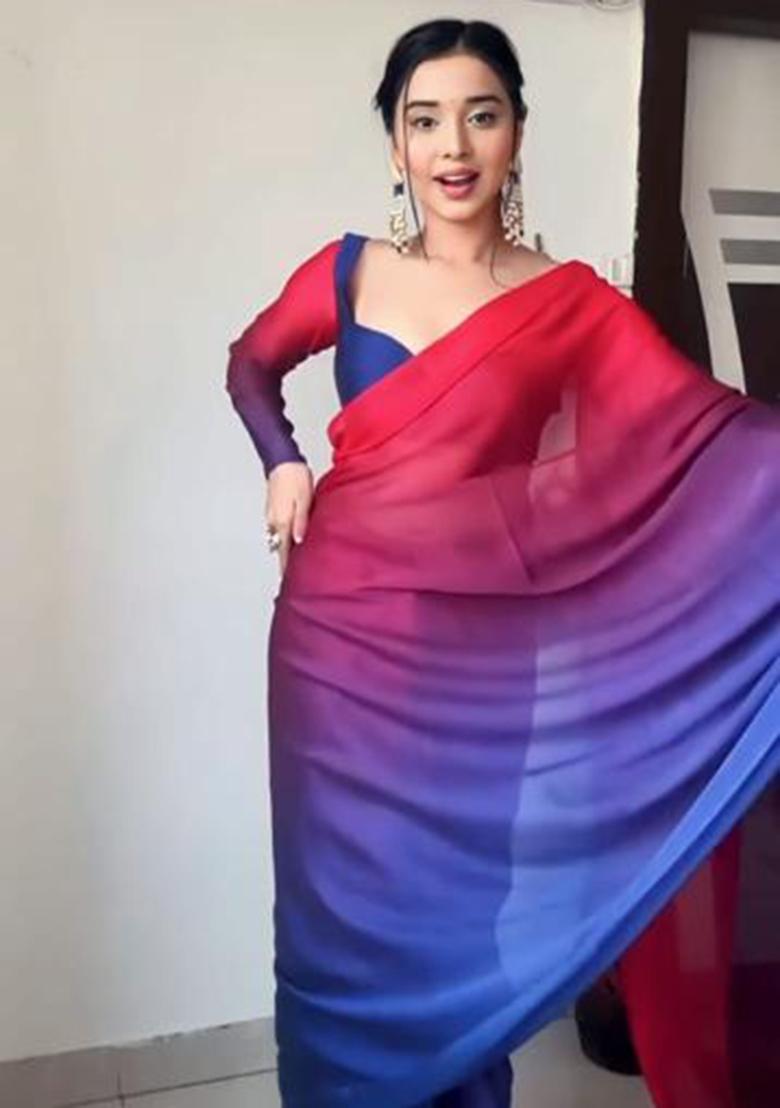 Red Pink Embroidered Georgette Saree Set - Indya