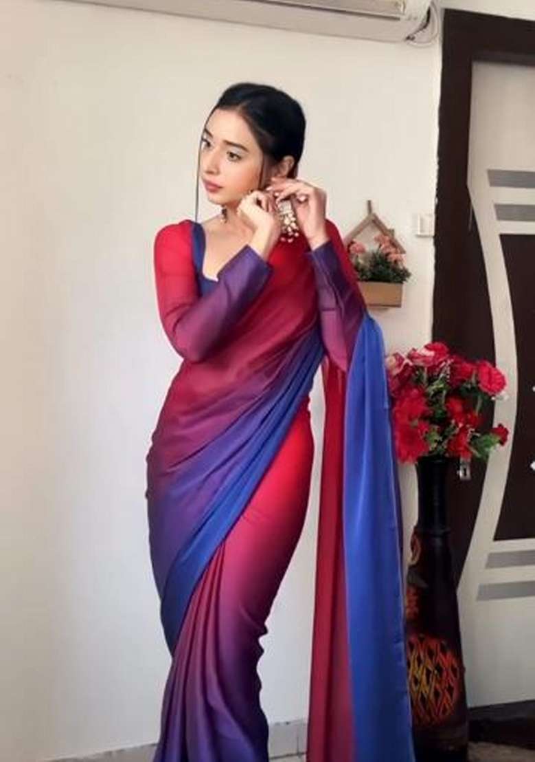 Red Pink Embroidered Georgette Saree Set - Indya