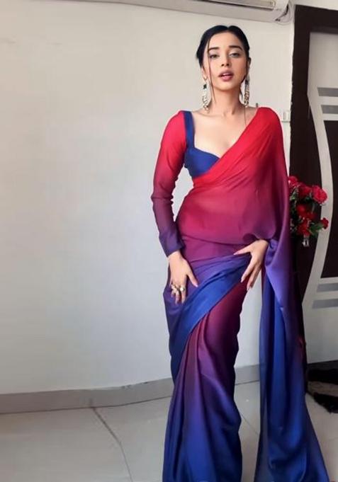 Red Pink Embroidered Georgette Saree Set