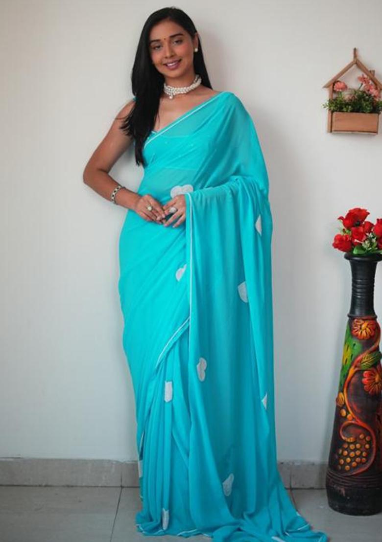 Sky Blue Embroidered Georgette Saree Set - Indya