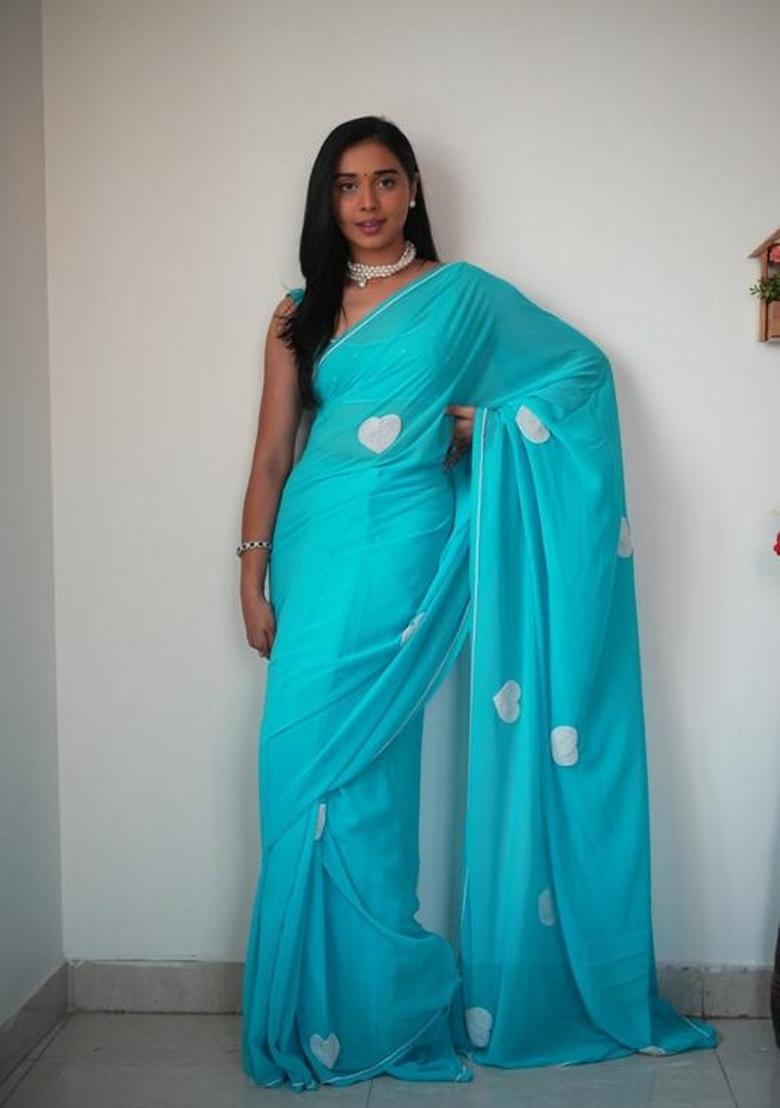 Sky Blue Embroidered Georgette Saree Set
